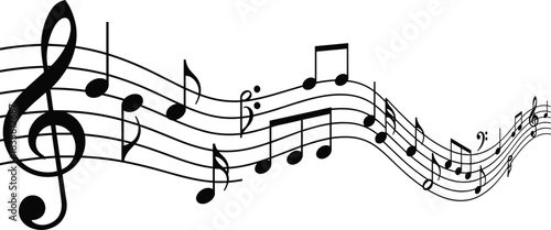 Black and white vector illustration of flowing musical notes on a curved staff with treble clef, isolated on white background for design