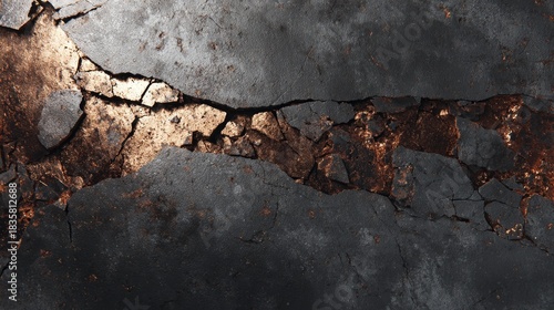 an old, cracked, rusted metal surface with peeling paint or a similar textured pattern, suggesting age and wear, possibly indicative of a deteriorating structure or object
