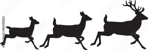 Three black deer silhouettes running across white background animal vector illustration EPS file download.
