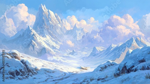 a majestic mountain landscape, with towering snow capped peaks against a clear sky. the mountains are rugged and appear to be part of a larger mountain range that stretches into the distance