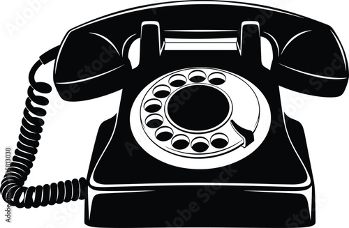 Black and white vintage rotary telephone vector illustration with dial isolated on white background for classic retro communication design