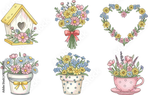 Whimsical floral arrangements in decorative containers including birdhouse, bouquet, bucket, pot, and teacup — perfect for spring design themes