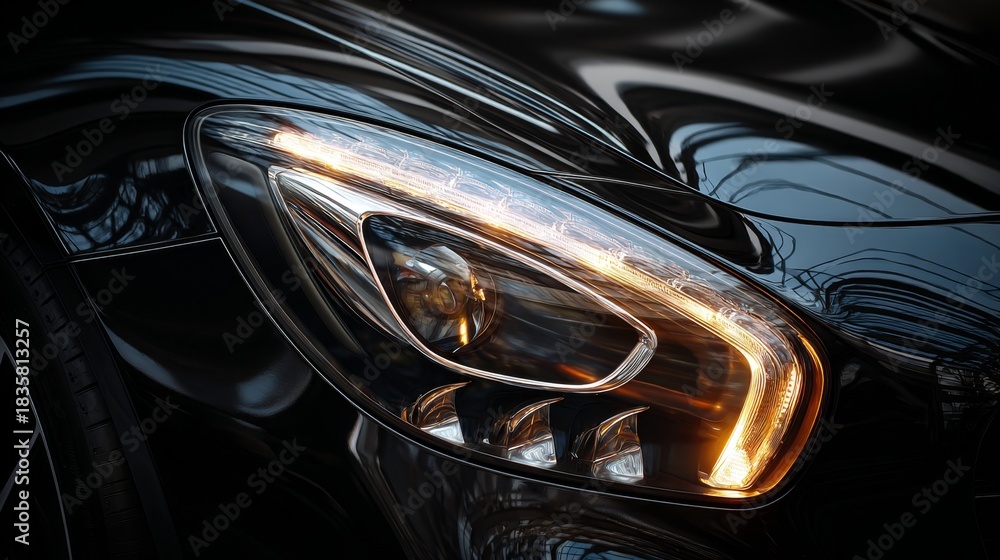 Fototapeta premium an extreme close up view of a car's front right headlight, capturing the intricate detailing and illumination of the vehicle