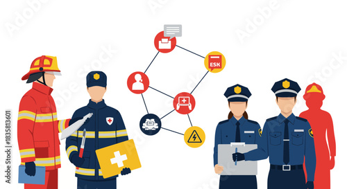 Emergency services network connecting firemen, paramedics, and police officers for community safety and incident response coordination, symbolizing teamwork