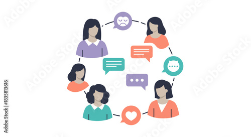 Diverse women connected by social media bubbles expressing emotions, a modern illustration highlighting digital communication and online community engagement
