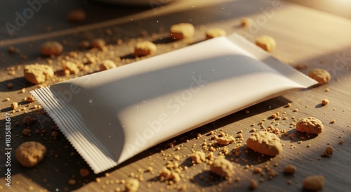 Wallpaper Mural A crumpled white snack pouch lies on a wooden surface surrounded by crumbs and debris in warm lighting. Torontodigital.ca