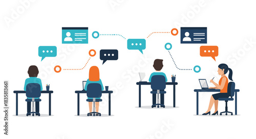 Team collaboration illustration showing connected communication in modern office, ideal for teamwork and digital business solutions presentations or marketing materials