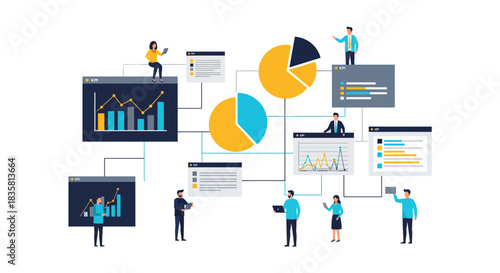 Dynamic team collaborating with data analytics and vibrant charts for strategic business solutions and insightful reporting in modern business environments