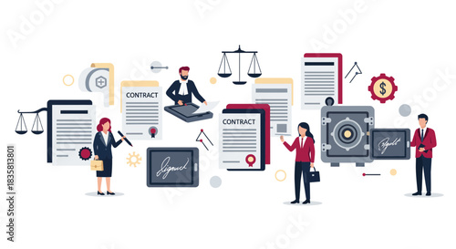 Legal professionals securing business deals with contracts and digital signatures for a thriving partnership in a modern legal firm environment