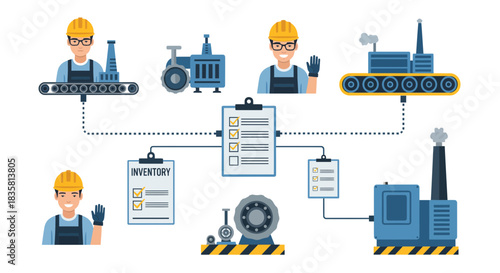 Streamlined factory workflow with happy workers ensuring quality control and inventory management, perfect for manufacturing or supply chain presentations