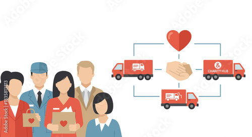 Team of volunteers supporting the charity hub with donations and delivery services, symbolizing community spirit and aid for those in need worldwide