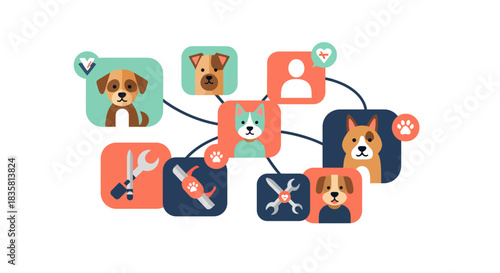 Adorable dog network connecting pet lovers and services online, perfect for vet clinics, groomers, and animal shelters seeking digital presence