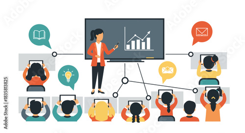 Engaging online learning experience with teacher presenting business data to students on tablets for dynamic remote education and virtual classrooms