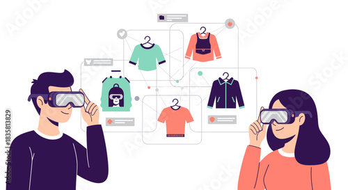 Modern shoppers using VR headsets to browse clothing options, experiencing immersive digital retail for fashion and apparel needs online today