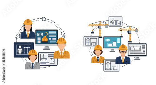 Architectural team collaborating using Building Information Modeling for efficient designs and construction management, increasing productivity and ensuring project success