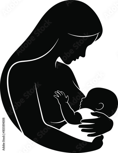 Black silhouette of a mother breastfeeding her newborn baby with love isolated on a white background for maternity care logo