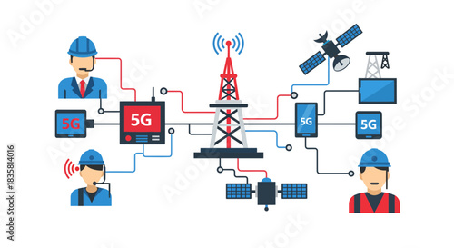 Innovative 5G network connecting workers, devices, and communication towers for fast, reliable data transfer and seamless connectivity solutions