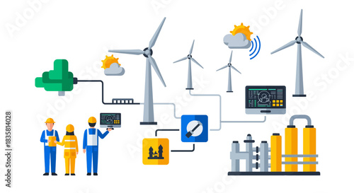 Clean energy solution with wind turbines and industrial plant, showcasing sustainable power generation with an engineering team in a modern design