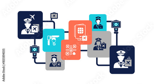 Modern airport security process flow, showcasing travel documents and security personnel, useful for aviation, tourism and secure travel concepts