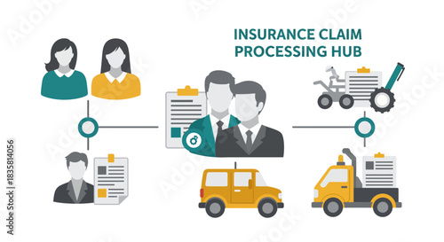 Streamline insurance claim processing with a modern hub concept for efficient workflow and customer satisfaction, featuring diverse teams and vehicle damage