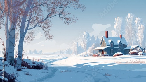 a serene winter scene featuring a snow covered house with a chimney, situated amidst trees under a clear sky