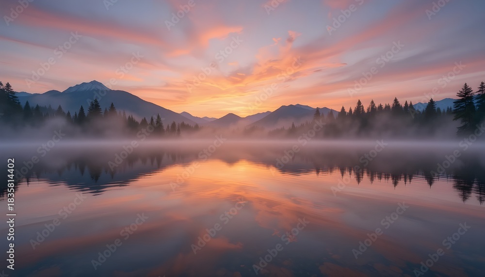 Fototapeta premium Serene sunrise over misty mountain lake — “A wide-angle photograph of a calm mountain lake at dawn, soft orange-pink sky reflecting on mirror-like water, mist gently rising from the surface, pine tree