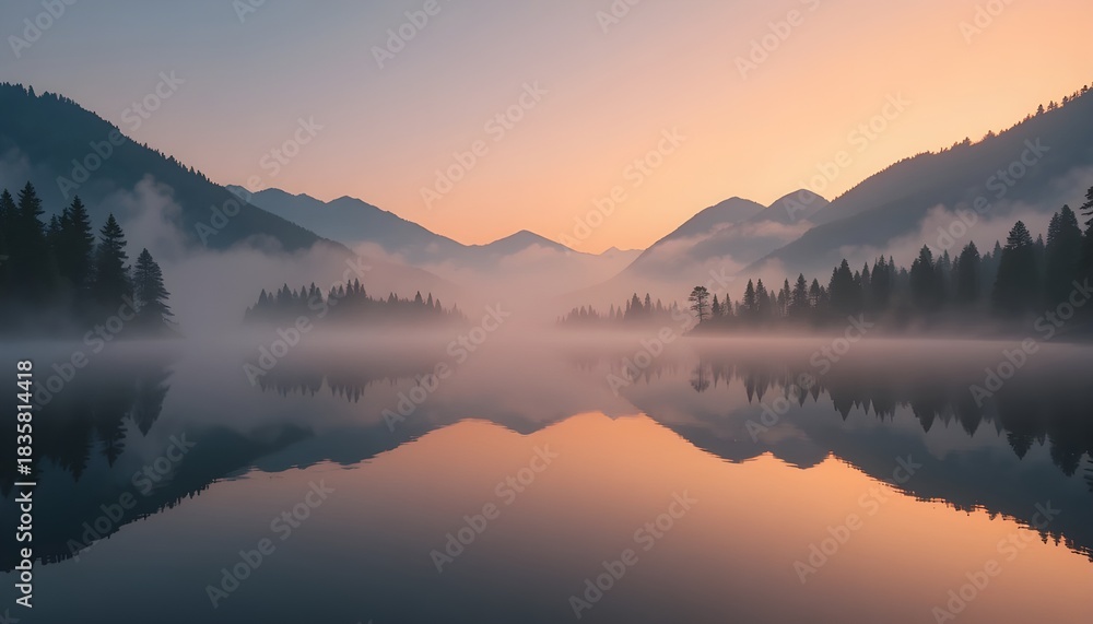 Fototapeta premium Serene sunrise over misty mountain lake — “A wide-angle photograph of a calm mountain lake at dawn, soft orange-pink sky reflecting on mirror-like water, mist gently rising from the surface, pine tree