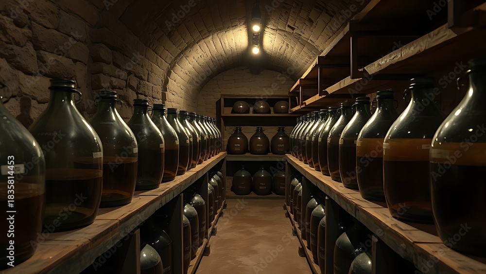 Obraz premium demijohns. Ancient wine cellar with stone walls and large glass demijohns on dusty wooden shelves. bar promotions, beverage menus, designed for food & beverage menus and cafe branding.