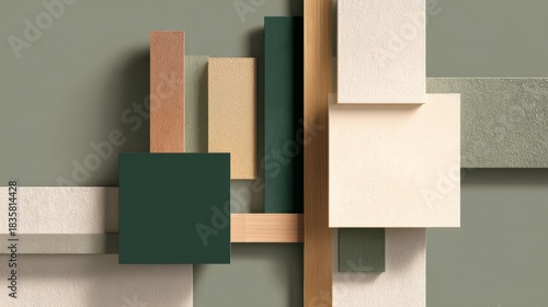 Fototapeta Naklejka Na Ścianę i Meble -  a stylized digital art piece showcasing an abstract arrangement of blocks in various shades of green and brown, reminiscent of a 3d board game board with a wood texture, against a muted background