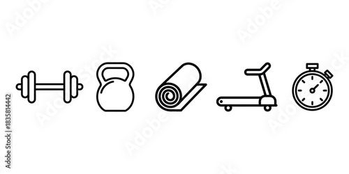 Fitness and Gym Equipment Line Art Icons Set | Dumbbell Kettlebell Treadmill Yoga Mat Stopwatch