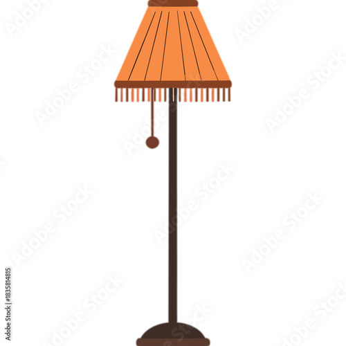 Retro Floor Lamp With Orange Fabric Shade And Tassel Trim Accentuated By A Single Pull Chain And Dark Metal Stand On A Dark Background