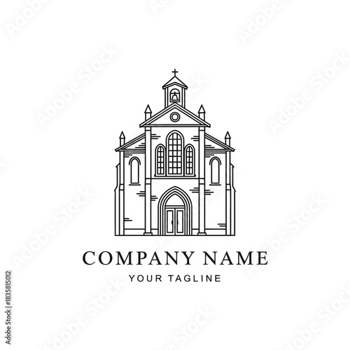 Elegant Line Art Illustration of a Traditional Church Building with Tower.