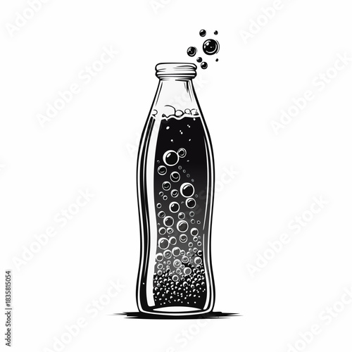 Elegant monochrome illustration of a vintage soda bottle with effervescent bubbles creating a