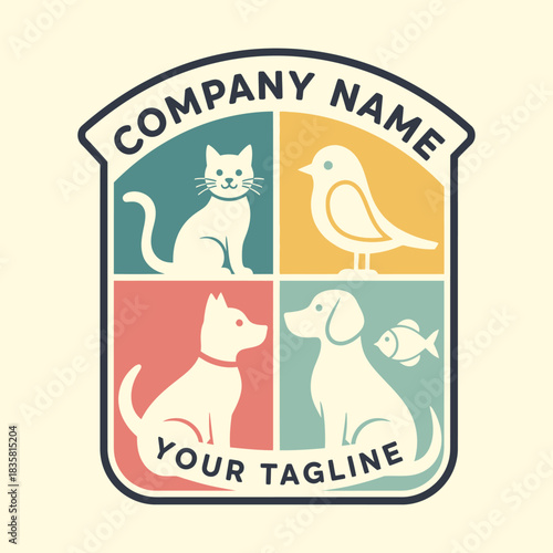 Cute Pet Logo Design Featuring Cat Dog Bird and Fish.