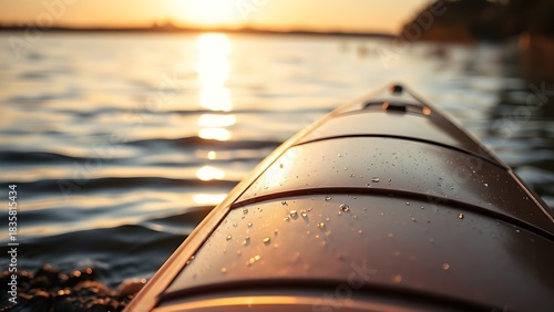 hull. Kayak resting on lakeshore at golden hour, water droplets glistening on its hull. mobility guides, transit brochures, designed for transport & logistics marketing, improves user orientation.