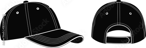 Blank black baseball cap vector illustration template showing side and back views isolated on white background for design mockup