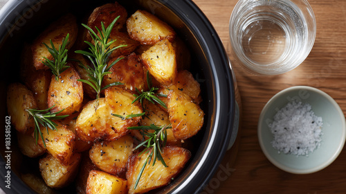 Golden roasted potatoes with fresh rosemary, salt, and a glass of water