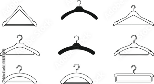 Collection of black and outline clothes hanger icons set isolated on white background for fashion store and wardrobe design
