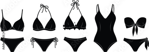 Collection of black women bikini and swimsuit silhouette icons set isolated on white background for summer beach fashion design