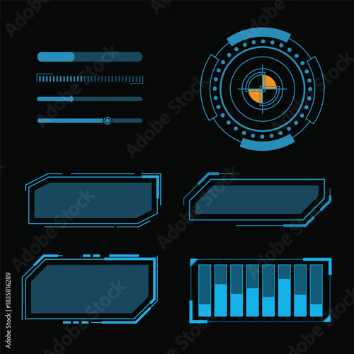 Futuristic HUD UI Elements with Sliders and Target Reticle Design