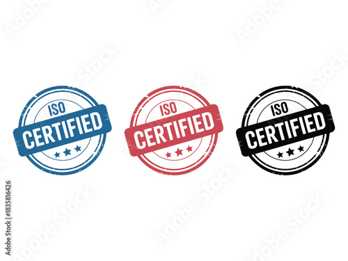 ISO quality control stamp set displaying clean vector seals and official standardization marks.