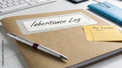 Organized Inheritance Log with Pen and Sticky Note for Estate Planning and Transition Management on a Workspace Desk