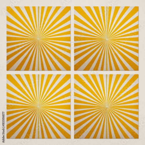 four sunburst patterns with a yellow background. each pattern consists of radiating lines that emanate from the center, creating a circular shape with a burst effect