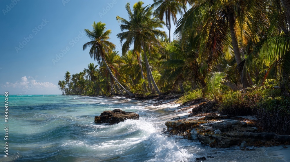 Fototapeta premium a picturesque tropical landscape with a serene ocean in the foreground, where the waves are gently crashing onto the shore
