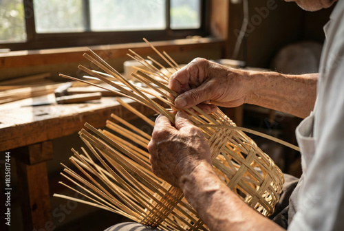 High angle view of the wrinkled hands of a craftsperson weaving a basket structure using thin wooden strips on a workbench cluttered with tools.