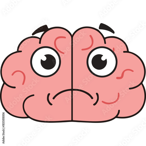 Sad Pink Cartoon Brain Character with Big Eyes and Worried Expression on Black Background