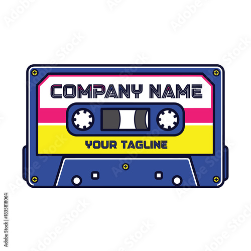 Vintage blue audio cassette tape vector illustration icon.