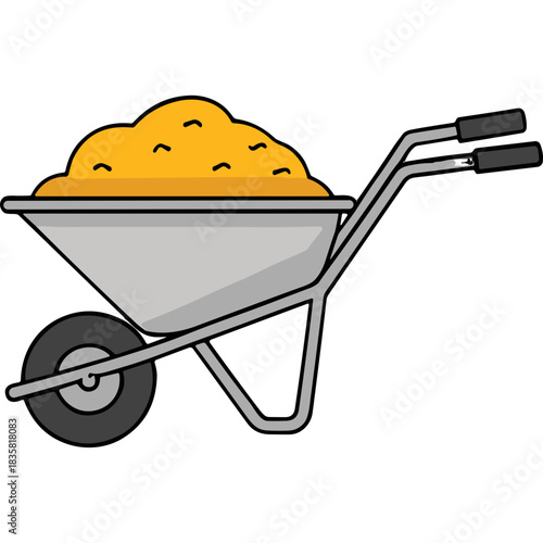 Silver Metal Wheelbarrow Filled With Yellow Sand on a Black Background with a Single Wheel and Two Handles