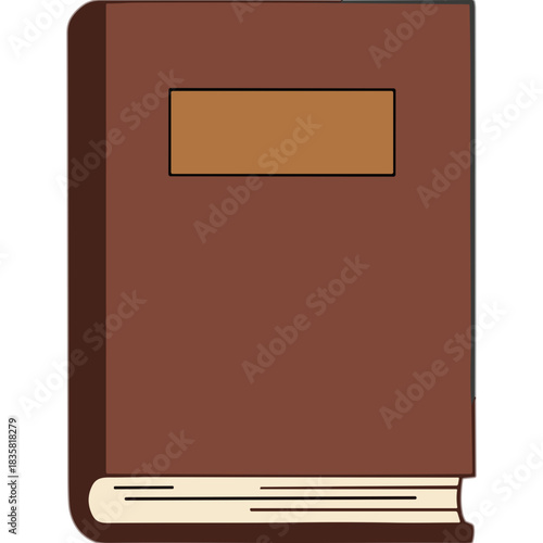 Simple brown hardcover book with a blank rectangular label on the cover, depicting an open book with visible pages on a white background isolated illustration.
