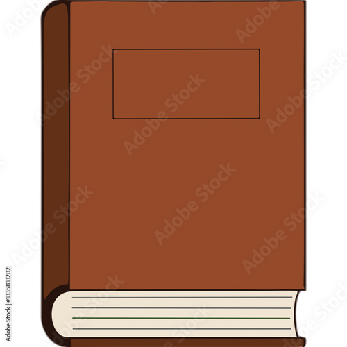 Simple brown hardcover book with blank label on cover and white pages with red binding and white spine against a black background